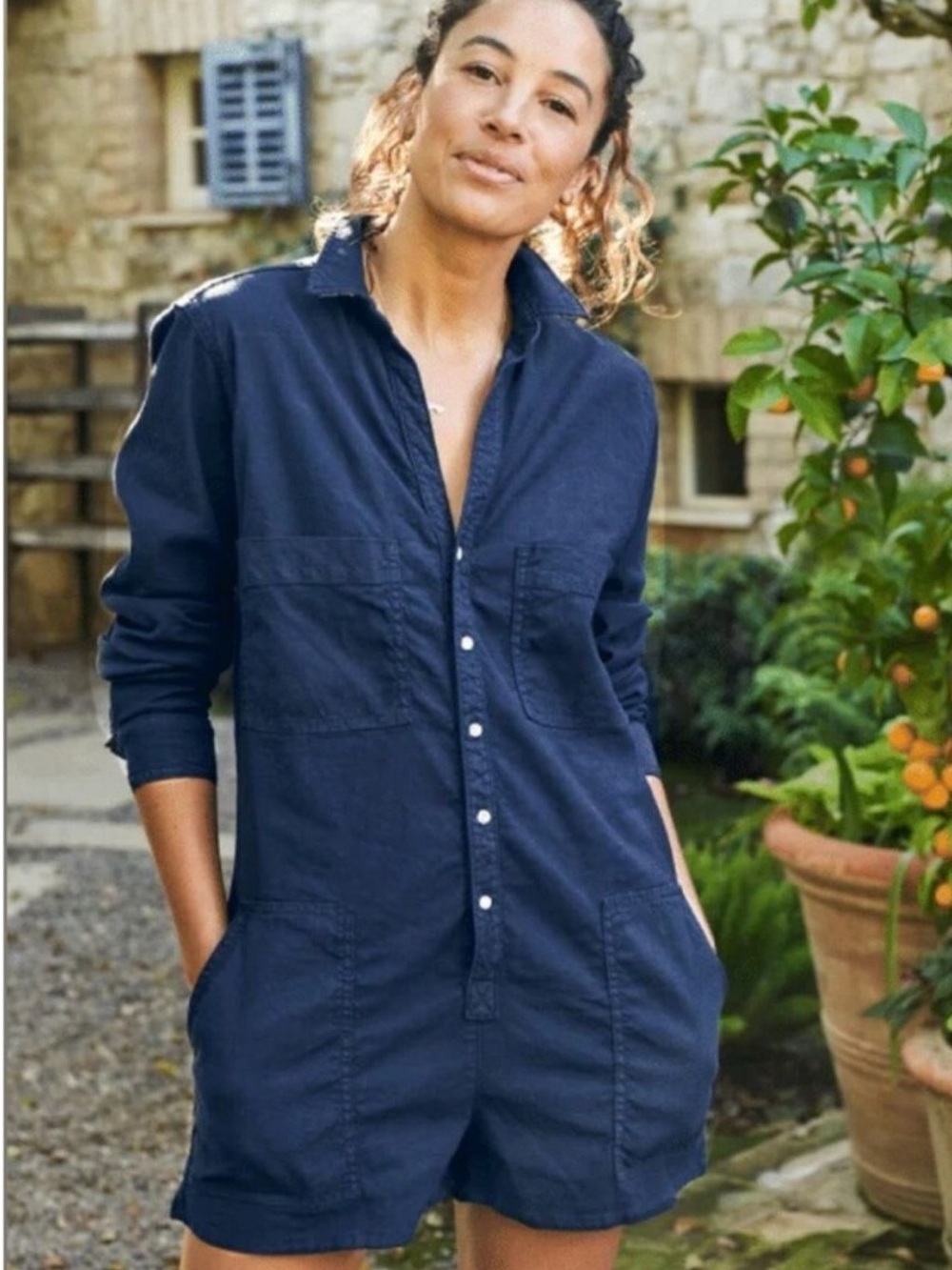Frank and Eileen Linen Ireland Button Down Navy Utility Romper, XL